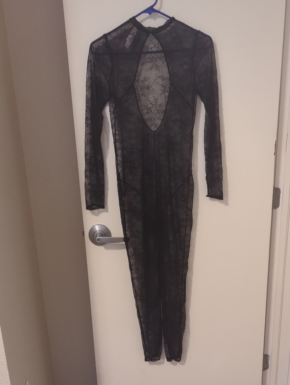 Auden Black Sheer Lace Bodysuit with Navy Trim
